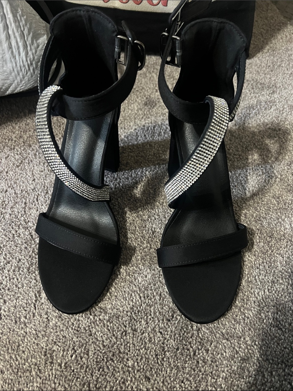 Black Rhinestone Strap Women’s Heeled Sandals